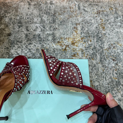 AQUAZZURA 26S HIGH-HEEL SANDALS 105 MM IN DARK RED PATENT CALFSKIN AND MESH