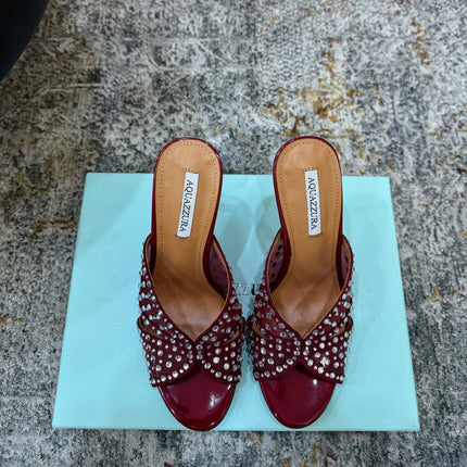 AQUAZZURA 26S HIGH-HEEL SANDALS 105 MM IN DARK RED PATENT CALFSKIN AND MESH