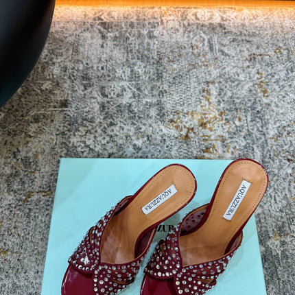 AQUAZZURA 26S HIGH-HEEL SANDALS 105 MM IN DARK RED PATENT CALFSKIN AND MESH