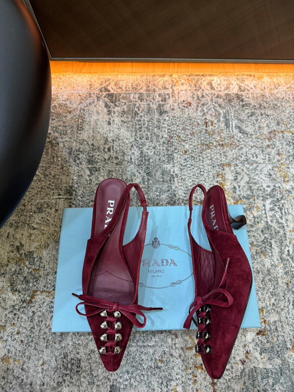 PRADA 26S POINTED TOE LACE UP SLINGBACK PUMPS 55MM IN BURGUNDY RED SUEDE