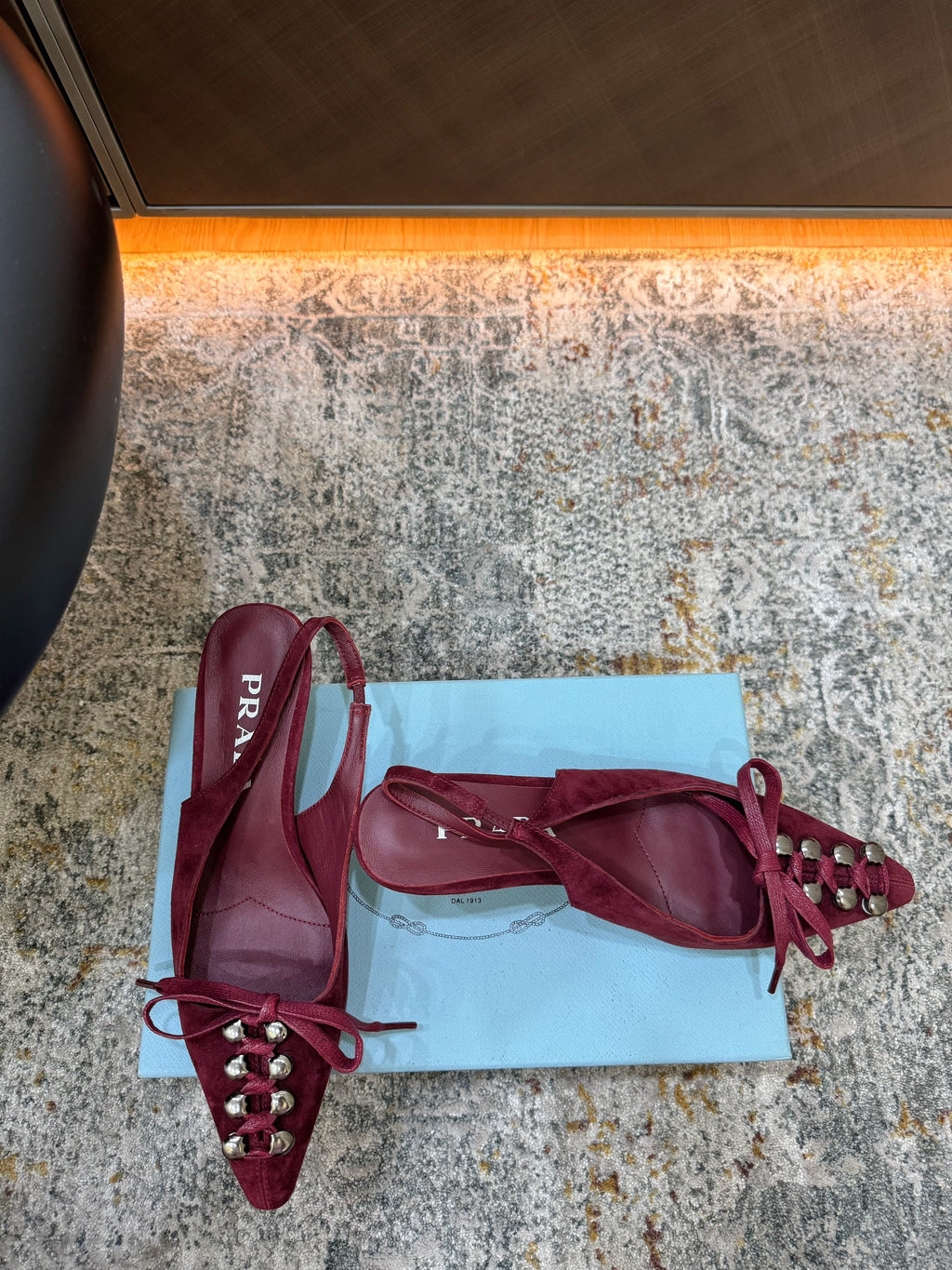 PRADA 26S POINTED TOE LACE UP SLINGBACK PUMPS 55MM IN BURGUNDY RED SUEDE