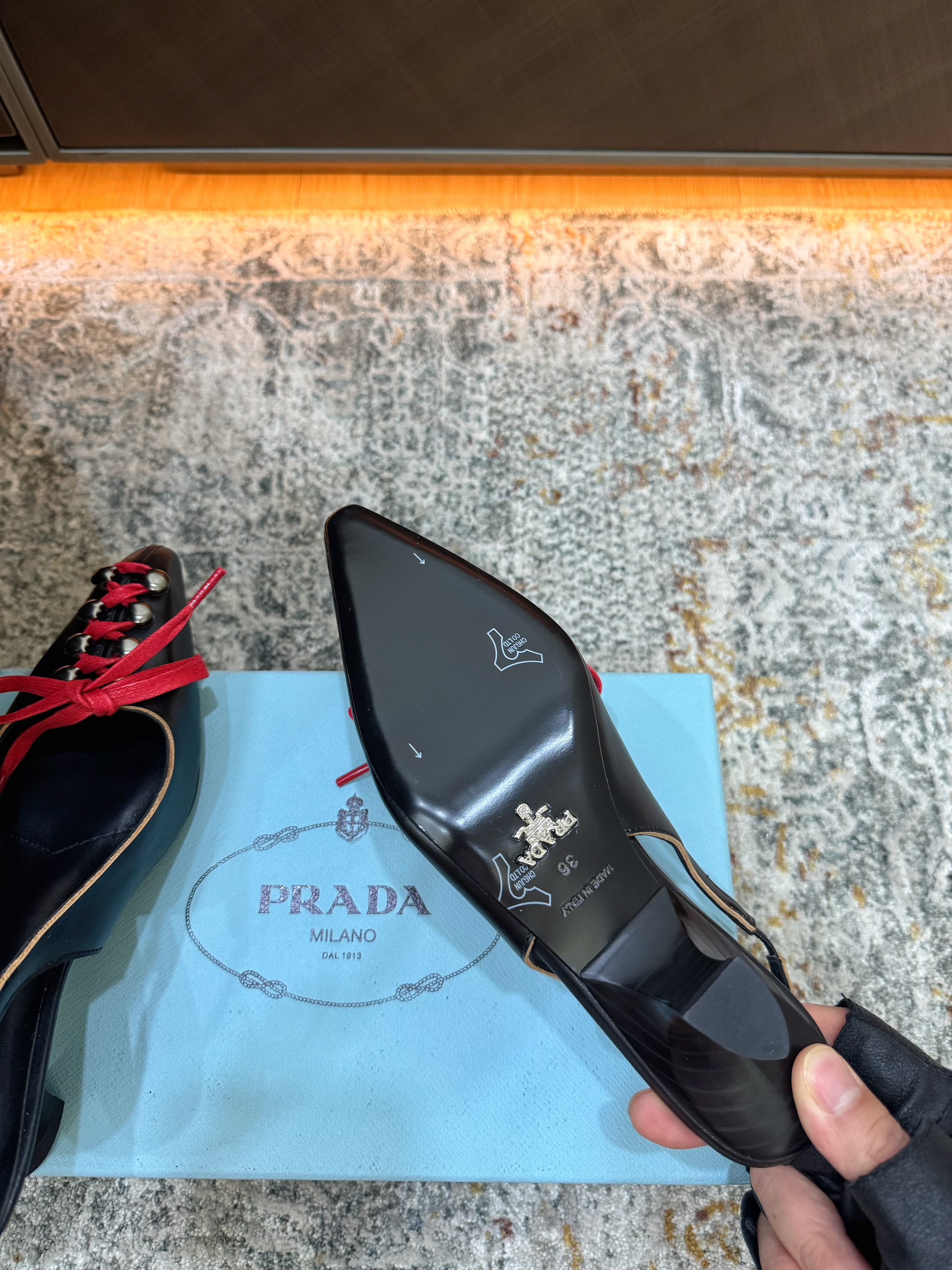 PRADA 26S LACE UP SLINGBACK PUMPS 55MM IN BLACK CALFSKIN WITH RED LACES