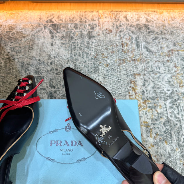 PRADA 26S LACE UP SLINGBACK PUMPS 55MM IN BLACK CALFSKIN WITH RED LACES
