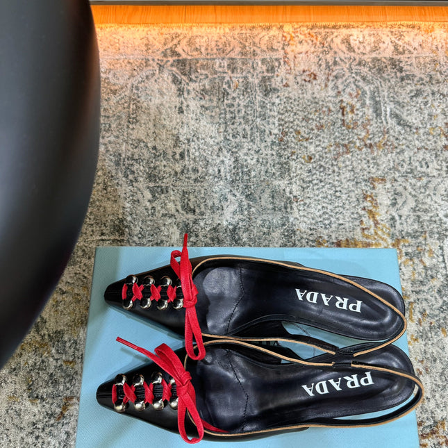 PRADA 26S LACE UP SLINGBACK PUMPS 55MM IN BLACK CALFSKIN WITH RED LACES