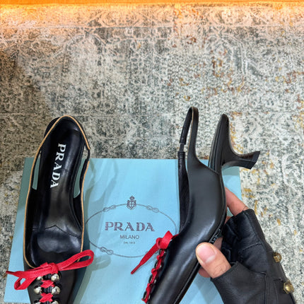 PRADA 26S LACE UP SLINGBACK PUMPS 55MM IN BLACK CALFSKIN WITH RED LACES