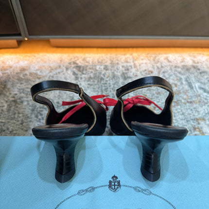 PRADA 26S LACE UP SLINGBACK PUMPS 55MM IN BLACK CALFSKIN WITH RED LACES