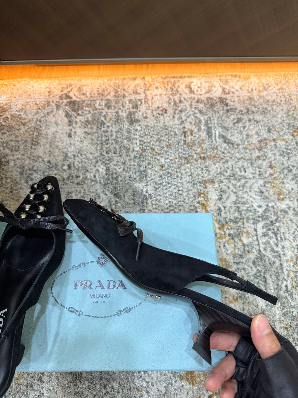 PRADA 26S POINTED TOE LACE UP SLINGBACK PUMPS 55MM IN BLACK SUEDE