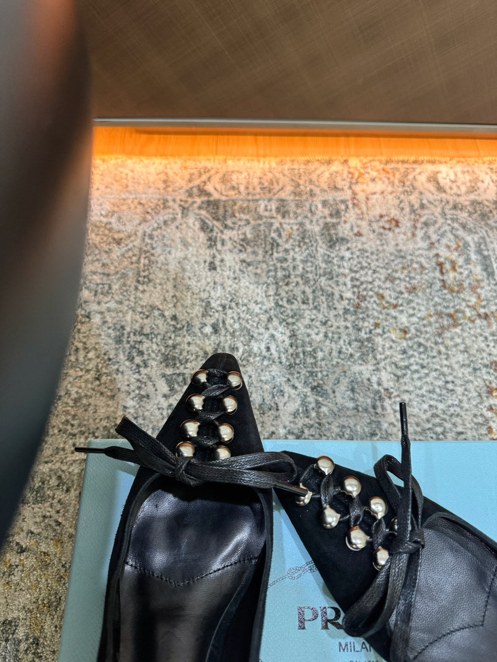PRADA 26S POINTED TOE LACE UP SLINGBACK PUMPS 55MM IN BLACK SUEDE
