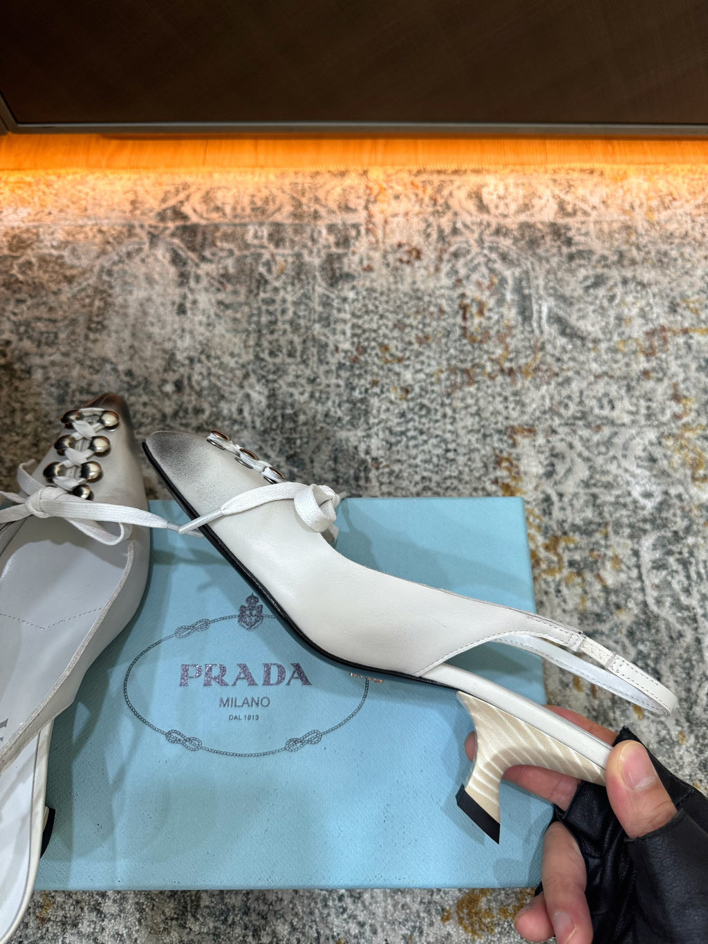 PRADA 26S POINTED TOE LACE UP SLINGBACK PUMPS 55MM IN WHITE CALFSKIN