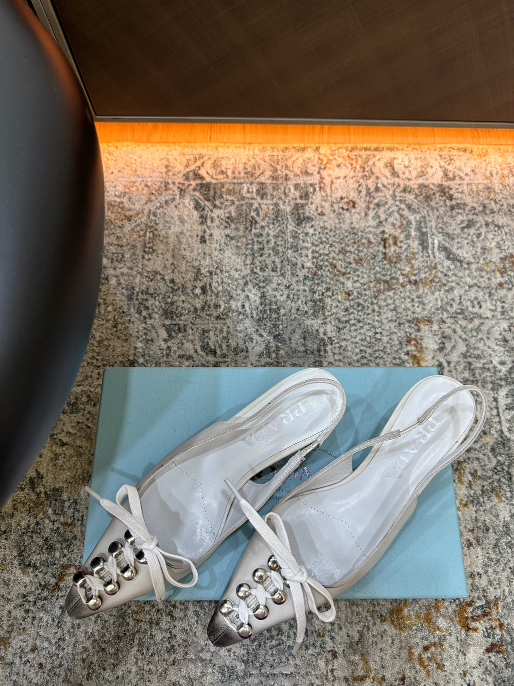 PRADA 26S POINTED TOE LACE UP SLINGBACK PUMPS 55MM IN WHITE CALFSKIN