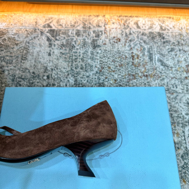 PRADA 26S POINTED TOE LACE UP STUDDED PUMPS 55MM IN DARK BROWN SUEDE