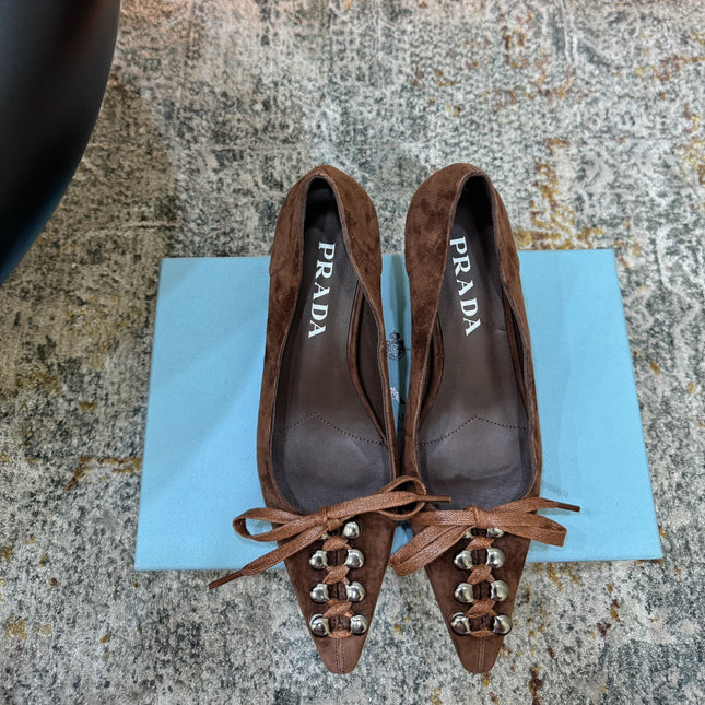 PRADA 26S POINTED TOE LACE UP STUDDED PUMPS 55MM IN DARK BROWN SUEDE