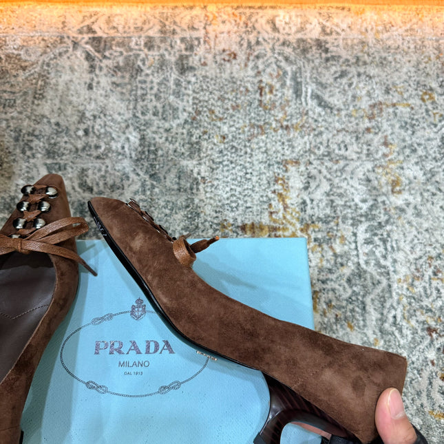 PRADA 26S POINTED TOE LACE UP STUDDED PUMPS 55MM IN DARK BROWN SUEDE