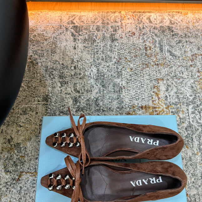 PRADA 26S POINTED TOE LACE UP STUDDED PUMPS 55MM IN DARK BROWN SUEDE