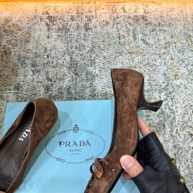 PRADA 26S POINTED TOE LACE UP STUDDED PUMPS 55MM IN DARK BROWN SUEDE