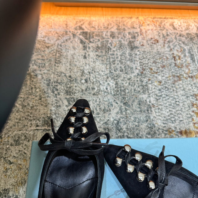 PRADA 26S POINTED TOE LACE UP STUDDED PUMPS 55MM IN BLACK CALFSKIN