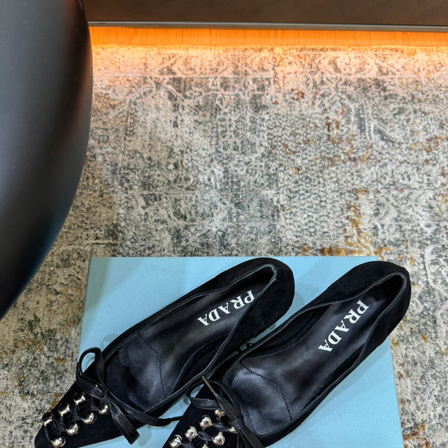 PRADA 26S POINTED TOE LACE UP STUDDED PUMPS 55MM IN BLACK CALFSKIN