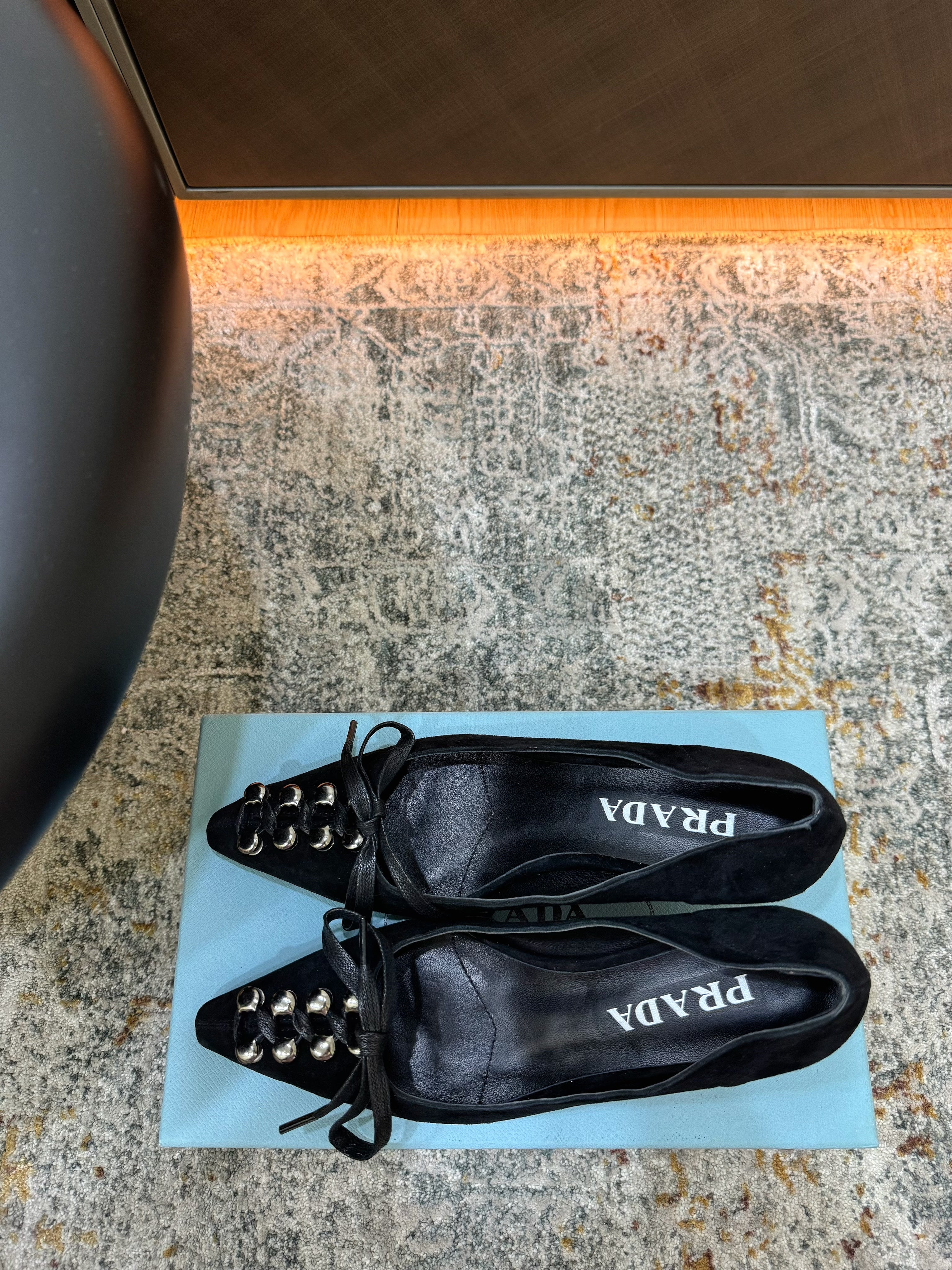 PRADA 26S POINTED TOE LACE UP STUDDED PUMPS 55MM IN BLACK CALFSKIN