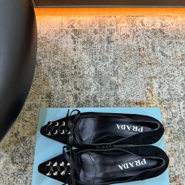 PRADA 26S POINTED TOE LACE UP STUDDED PUMPS 55MM IN BLACK CALFSKIN