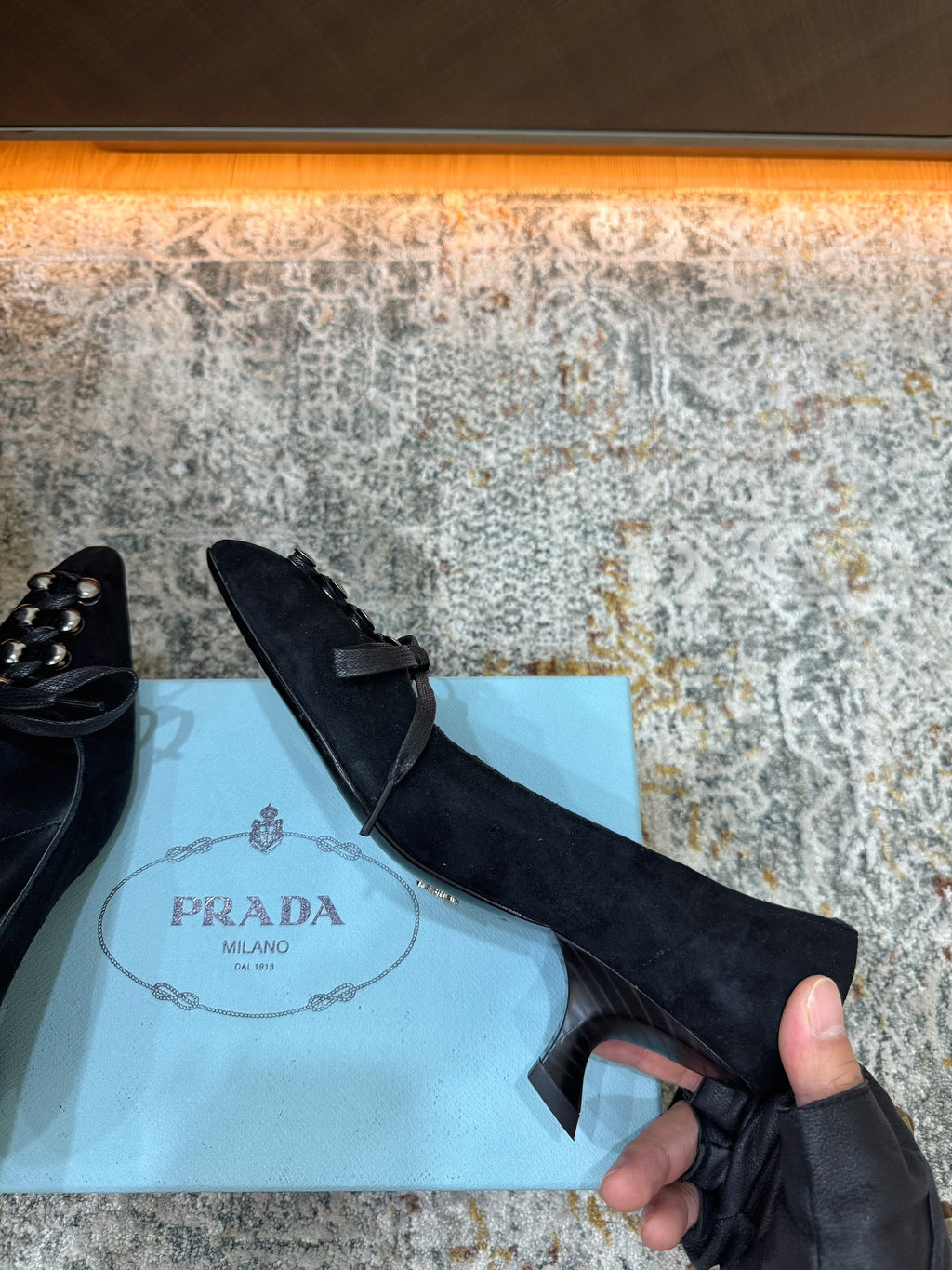 PRADA 26S POINTED TOE LACE UP STUDDED PUMPS 55MM IN BLACK CALFSKIN