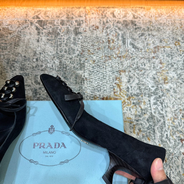 PRADA 26S POINTED TOE LACE UP STUDDED PUMPS 55MM IN BLACK CALFSKIN