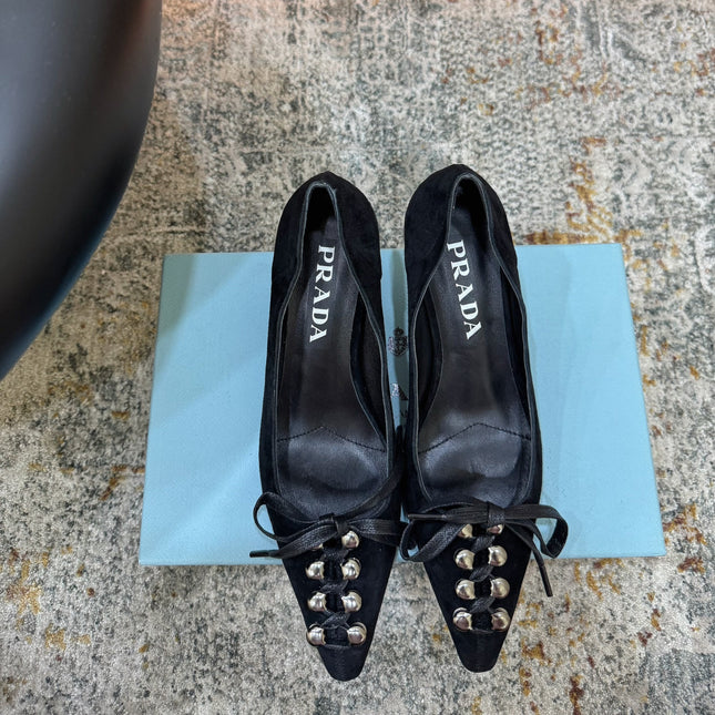 PRADA 26S POINTED TOE LACE UP STUDDED PUMPS 55MM IN BLACK CALFSKIN