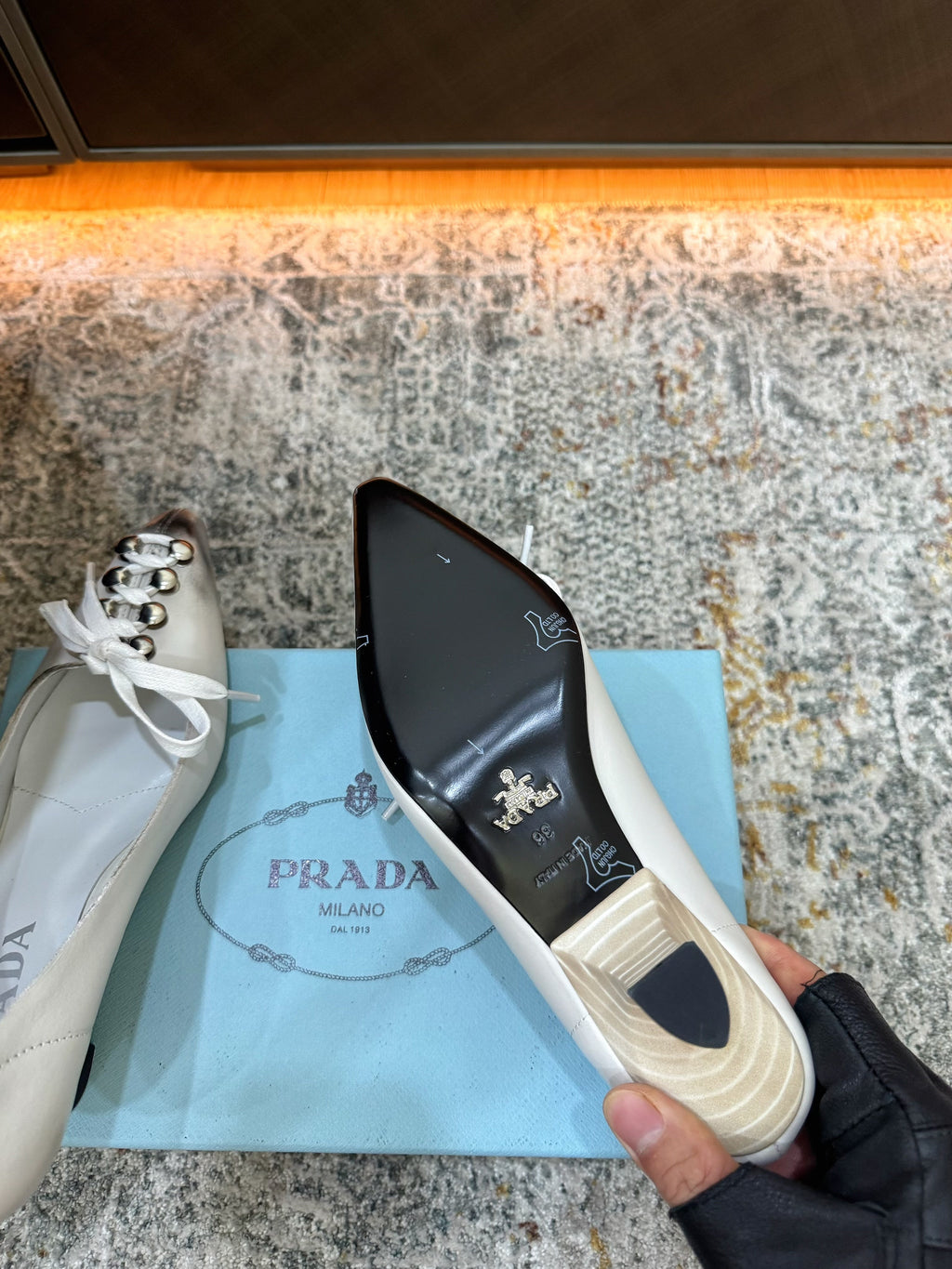 PRADA 26S POINTED TOE LACE UP STUDDED PUMPS 55MM IN WHITE CALFSKIN
