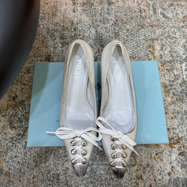 PRADA 26S POINTED TOE LACE UP STUDDED PUMPS 55MM IN WHITE CALFSKIN