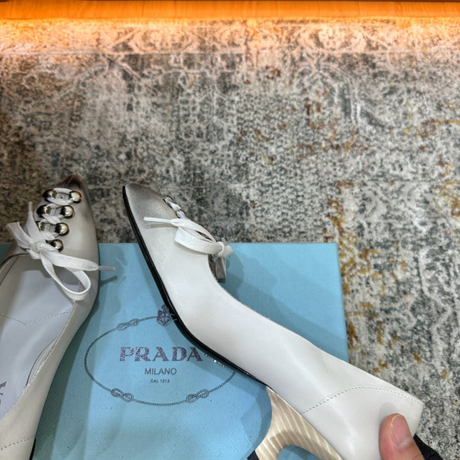 PRADA 26S POINTED TOE LACE UP STUDDED PUMPS 55MM IN WHITE CALFSKIN