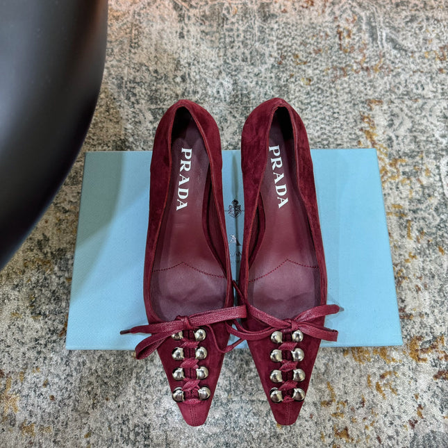 PRADA 26S POINTED TOE LACE UP STUDDED PUMPS 55MM IN BURGUNDY RED SUEDE