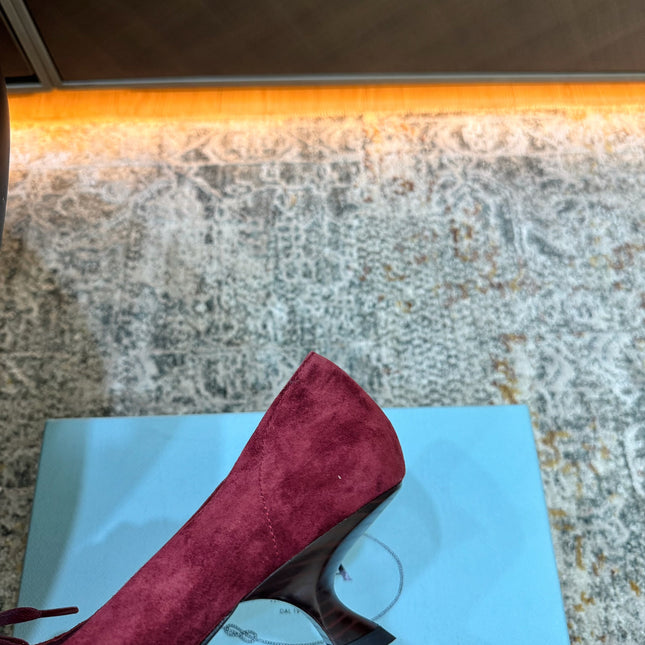 PRADA 26S POINTED TOE LACE UP STUDDED PUMPS 55MM IN BURGUNDY RED SUEDE