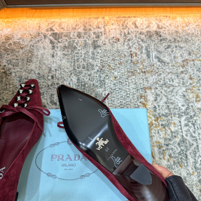 PRADA 26S POINTED TOE LACE UP STUDDED PUMPS 55MM IN BURGUNDY RED SUEDE