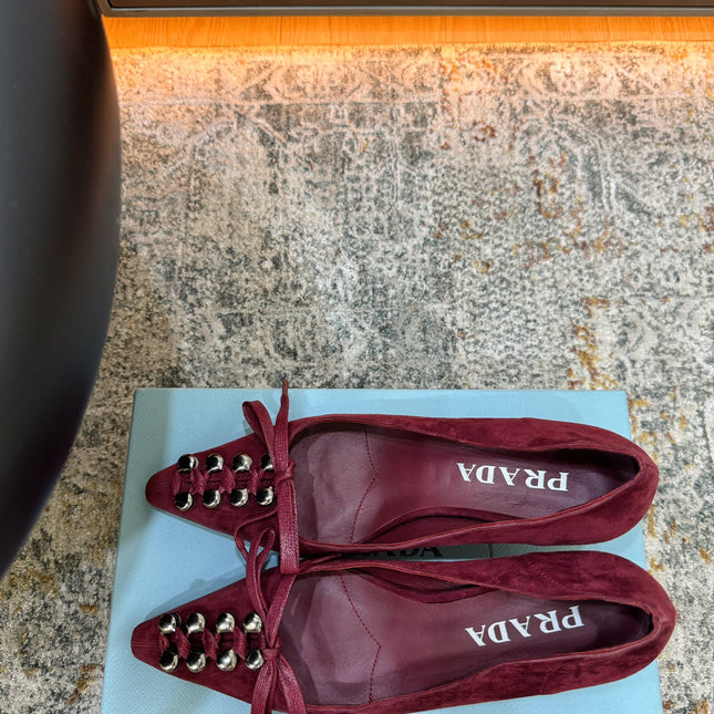 PRADA 26S POINTED TOE LACE UP STUDDED PUMPS 55MM IN BURGUNDY RED SUEDE