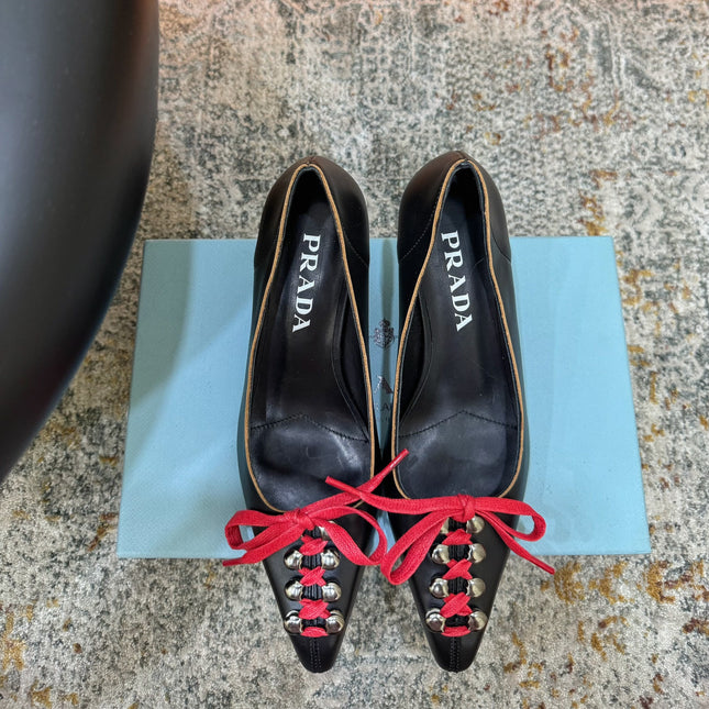 PRADA 26S  LACE UP STUDDED PUMPS 55MM IN BLACK CALFSKIN WITH RED LACES