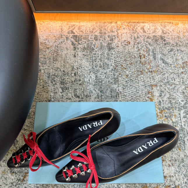 PRADA 26S  LACE UP STUDDED PUMPS 55MM IN BLACK CALFSKIN WITH RED LACES