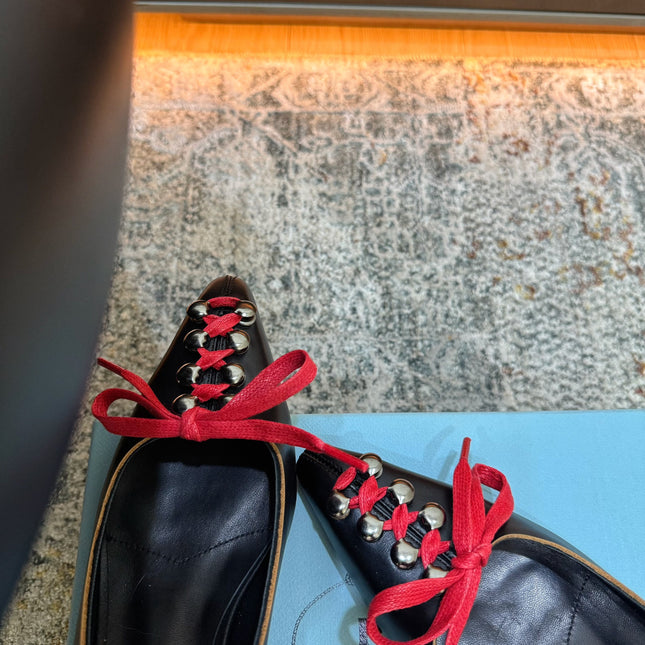 PRADA 26S  LACE UP STUDDED PUMPS 55MM IN BLACK CALFSKIN WITH RED LACES