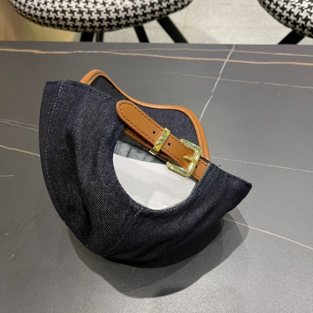 MIUMIU BASEBALL CAP IN NAVY BLUE DENIM AND CALFSKIN