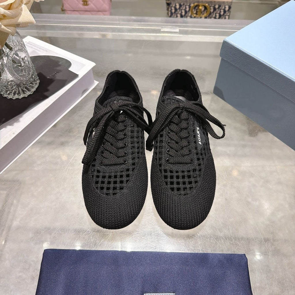 PRADA 26S LACE UP OPENWORK KNIT SNEAKERS IN BLACK KNIT FABRIC