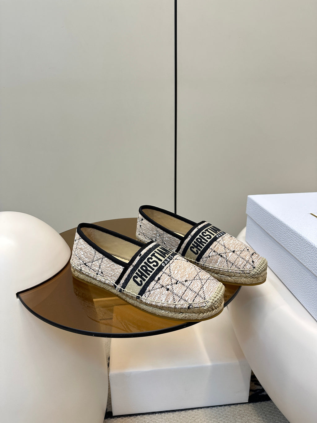 GRANVILLE ESPADRILLE TAN BEIGE OBLIQUE EMBROIDERED COTTON
