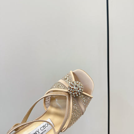 JIMMY CHOO 26S HEELED SANDALS 100 MM IN BEIGE CRYSTAL EMBELLISHMENT