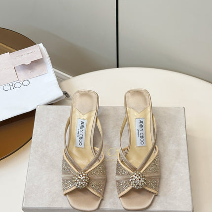 JIMMY CHOO 26S SACORA MULE 80 MM IN BEIGE CRYSTAL EMBELLISHMENT