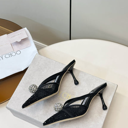 JIMMY CHOO 26S HEELED MULES 80 MM IN BLACK CRYSTAL EMBELLISHMENT