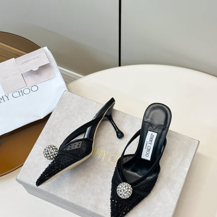 JIMMY CHOO 26S HEELED MULES 80 MM IN BLACK CRYSTAL EMBELLISHMENT