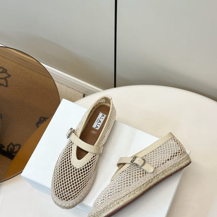 ALAIA 26S MESH ESPADRILLES IN BEIGE SOFT PATENT LEATHER