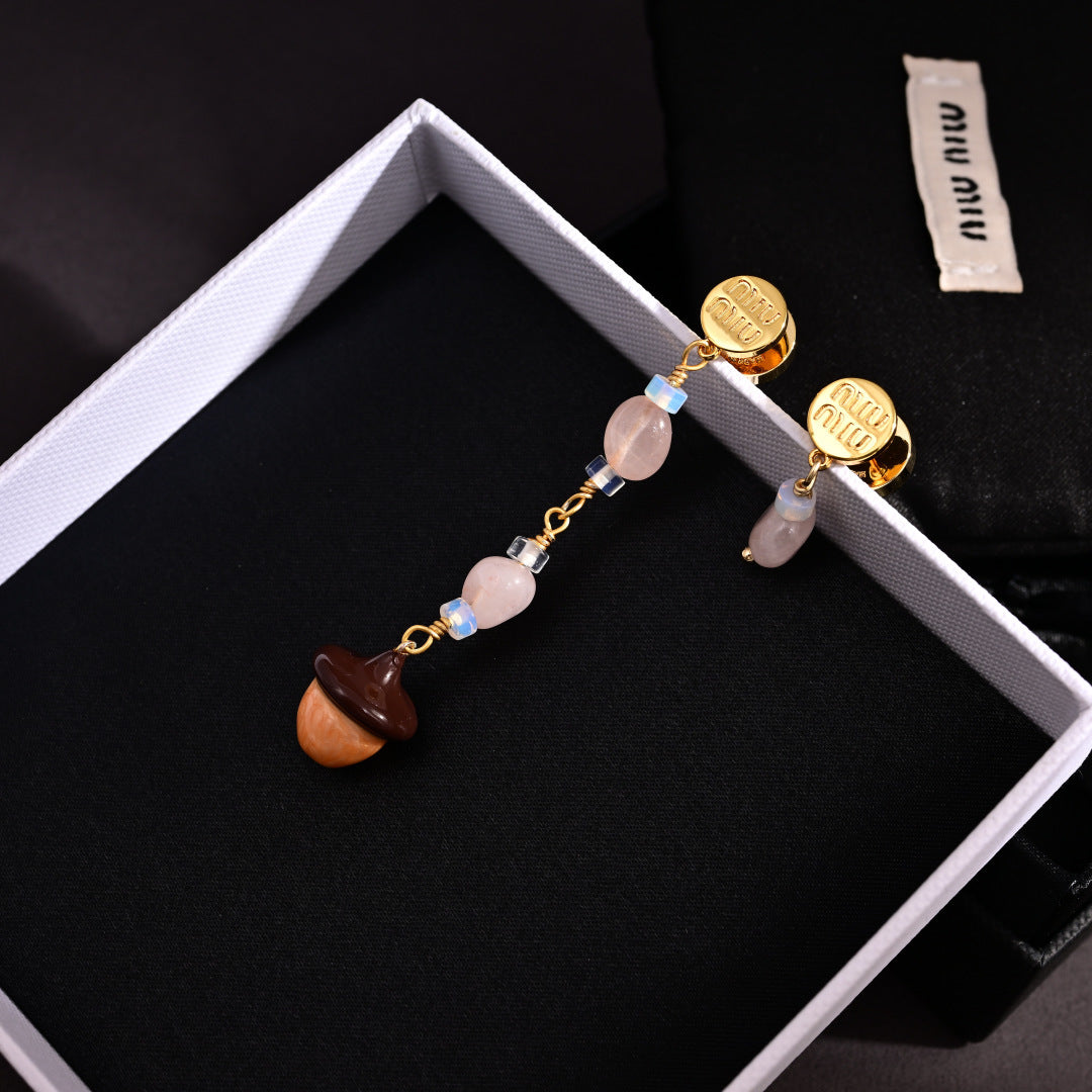 MIUMIU 26S ROSE QUARTZ BEADED ACORN DROP EARRINGS IN GOLD TONE METAL 614244