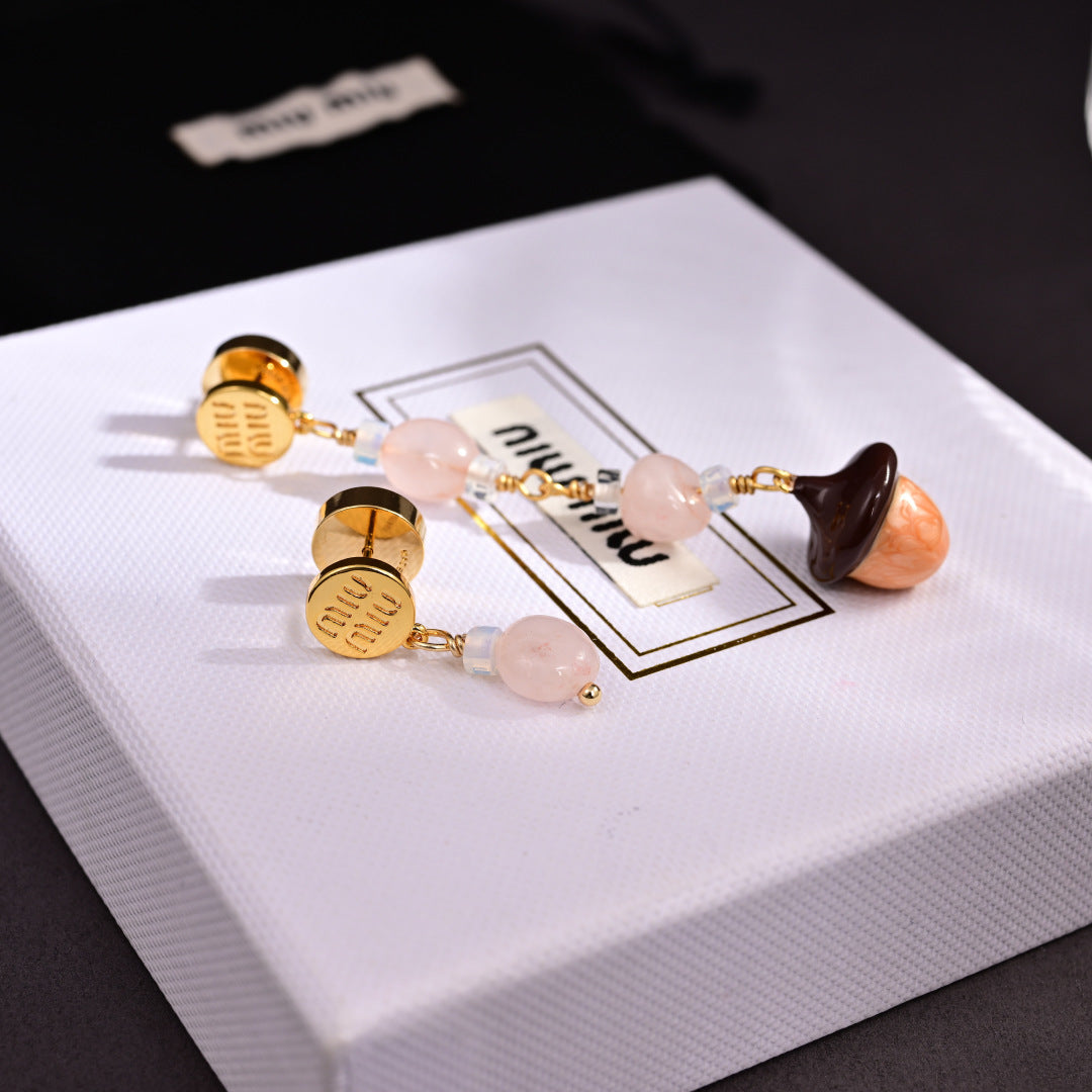 MIUMIU 26S ROSE QUARTZ BEADED ACORN DROP EARRINGS IN GOLD TONE METAL 614244