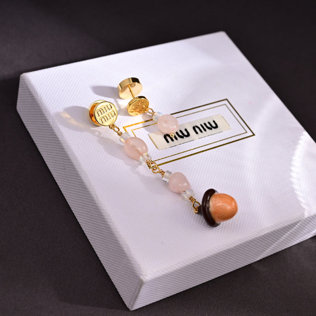 MIUMIU 26S ROSE QUARTZ BEADED ACORN DROP EARRINGS IN GOLD TONE METAL 614244