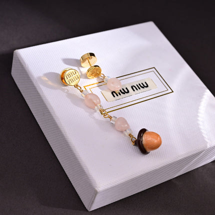 MIUMIU 26S ROSE QUARTZ BEADED ACORN DROP EARRINGS IN GOLD TONE METAL 614244