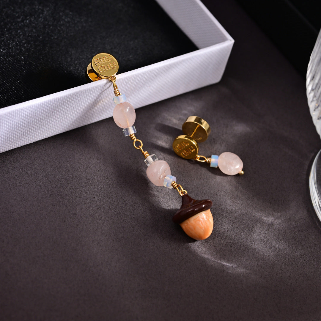 MIUMIU 26S ROSE QUARTZ BEADED ACORN DROP EARRINGS IN GOLD TONE METAL 614244