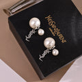 YSL 26S PEARL DOUBLE BALL DROP MONOGRAM EARRINGS IN SILVER TONE METAL 615838